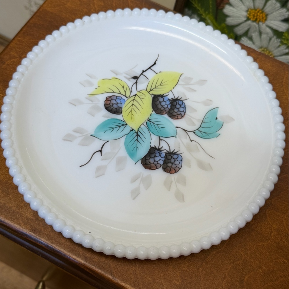 beadedge Westmoreland milk glass plate hand-painted blue raspberries berries 6”
